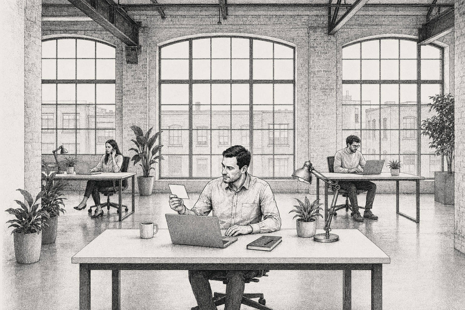 Ink drawing of an agency studio under arched brick windows, three people working separate desks, one reading a card.