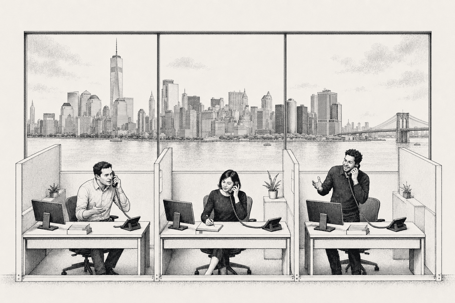 Ink drawing of three salespeople on desk phones in a row of cubicles, the Manhattan skyline out the window.